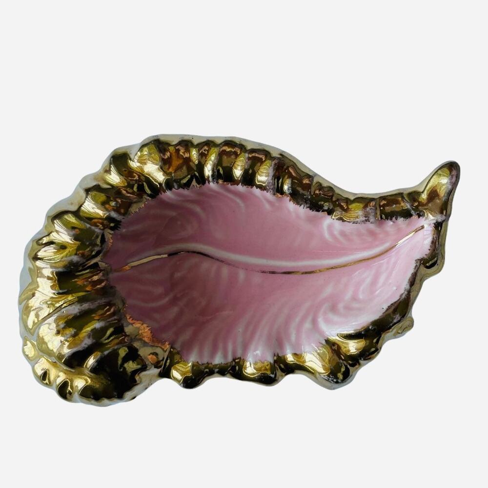 Vintage Pink Leaf Ceramic Trinket Dish Gold Trim Jewelry Tray Mid Century